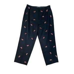 Nicole Studio Watermelon Embroidered Black Linen Cropped Pants Trousers Size 8